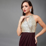 Miss Chase Women's Halter-Neck Cap-Sleeve Pleated Embellished Georgette Maxi Dress , syrah wine
