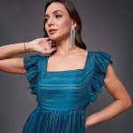 Miss Chase Women's Halter-Neck Cap-Sleeve Pleated Embellished Georgette Maxi Dress , gulf teal