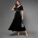 Miss Chase Women's Halter-Neck Cap-Sleeve Pleated Embellished Georgette Maxi Dress , Sapote Black
