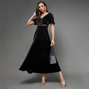 Miss Chase Women's Halter-Neck Cap-Sleeve Pleated Embellished Georgette Maxi Dress , Sapote Black