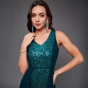 Miss Chase Women's Halter-Neck Cap-Sleeve Pleated Embellished Georgette Maxi Dress , Reef teal