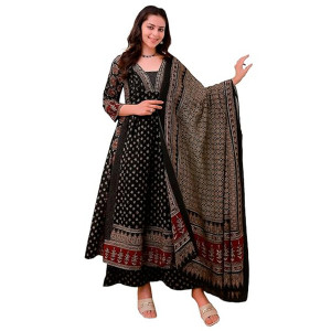 Women's Rayon Printed Anarkali Kurta and Pant with Dupatta Set ,black