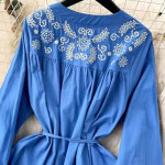 Women's Midi Cotton Dress, Long Sleeve, With Embroidery, Button Front with Belt , blue