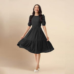 Trendmalls Dress for Women Satin Cotton Round Neck Half Puff Sleeve Flared Pleated Midi Western Dress , Black
