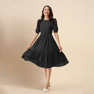 Trendmalls Dress for Women Satin Cotton Round Neck Half Puff Sleeve Flared Pleated Midi Western Dress , Black