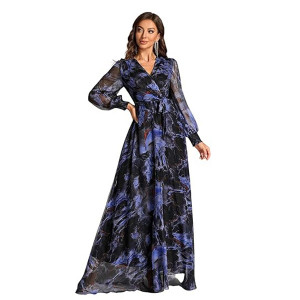 Women’s Printed Wrap Maxi Gown V‑Neck Long Sleeve Belted Flowy Dress for Parties, Weddings & Evening Events Lightweight Sheer Layer Western Outfit , b