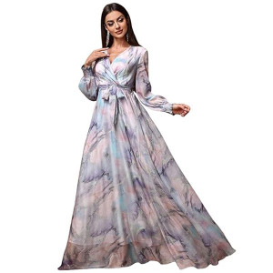 Women’s Printed Wrap Maxi Gown V‑Neck Long Sleeve Belted Flowy Dress for Parties, Weddings & Evening Events Lightweight Sheer Layer Western Outfit , m
