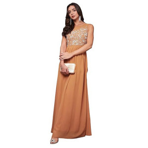 Miss Chase Women's Halter-Neck Cap-Sleeve Pleated Embellished Georgette Maxi Dress ,orange