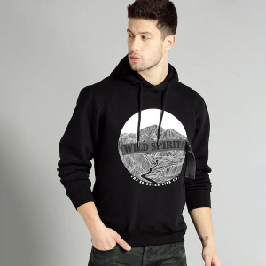 The Lifestyle Co Men Black & White Printed Hooded Sweatshirt